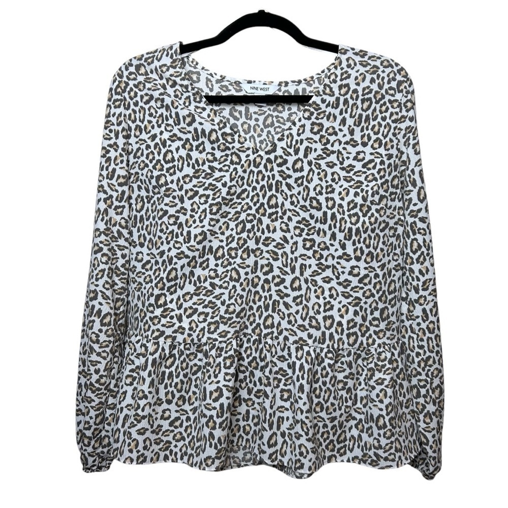 Nine West Leopard Print V Neck Ling Sleeve Peplum Top Size M